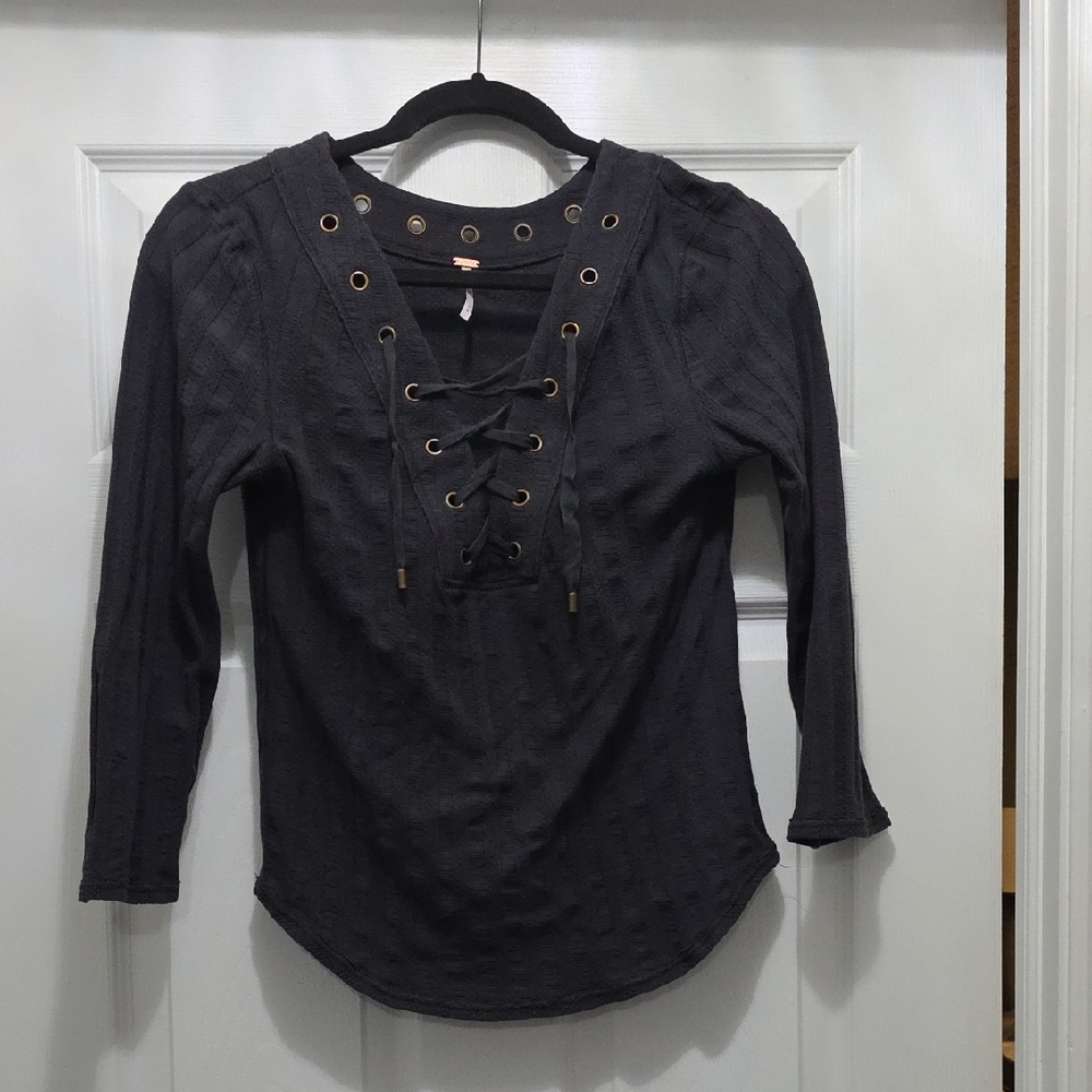 Free People Charcoal Lace-Up Blouse